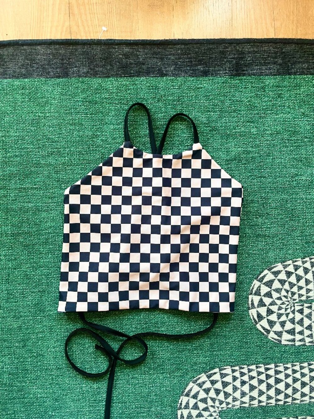High-Neck Checkerboard Bikini Top - Black & White